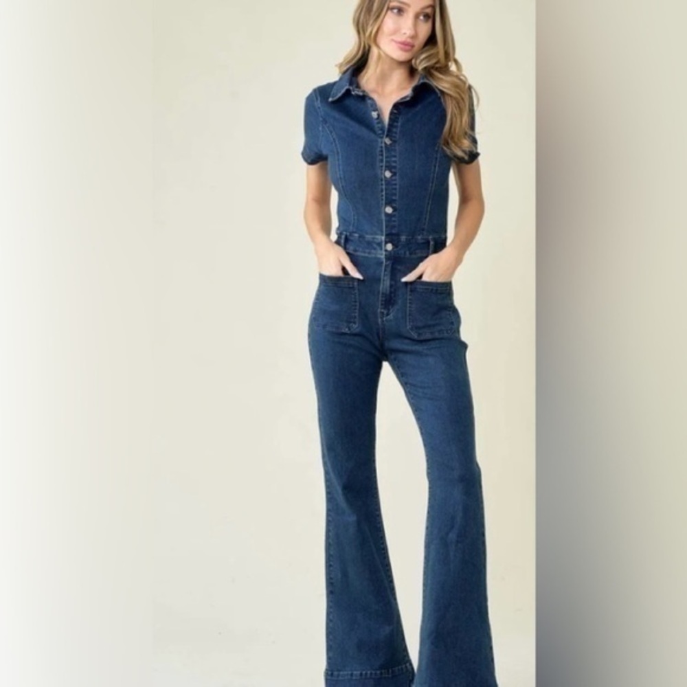 JustFab Dark Blue Denim Short-Sleeve Jumpsuit